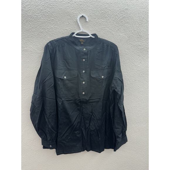 L.L. Bean Signature Tag Womens Shirt Size 16 Black Silk Long Sleeve Half Button - Picture 1 of 11